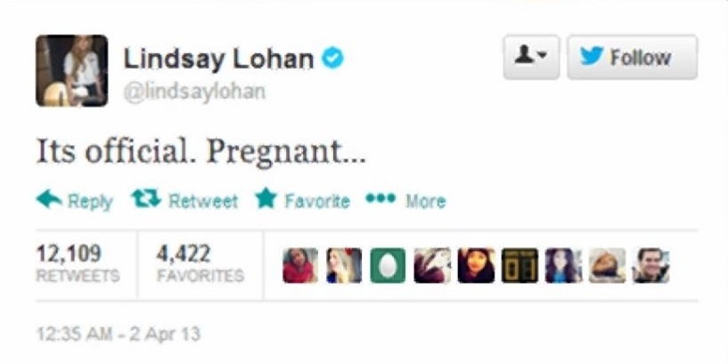 O "tweet" em que Lohan anunciou em 2013 que estava grávida. Uma brincadeira de Dia das Mentiras