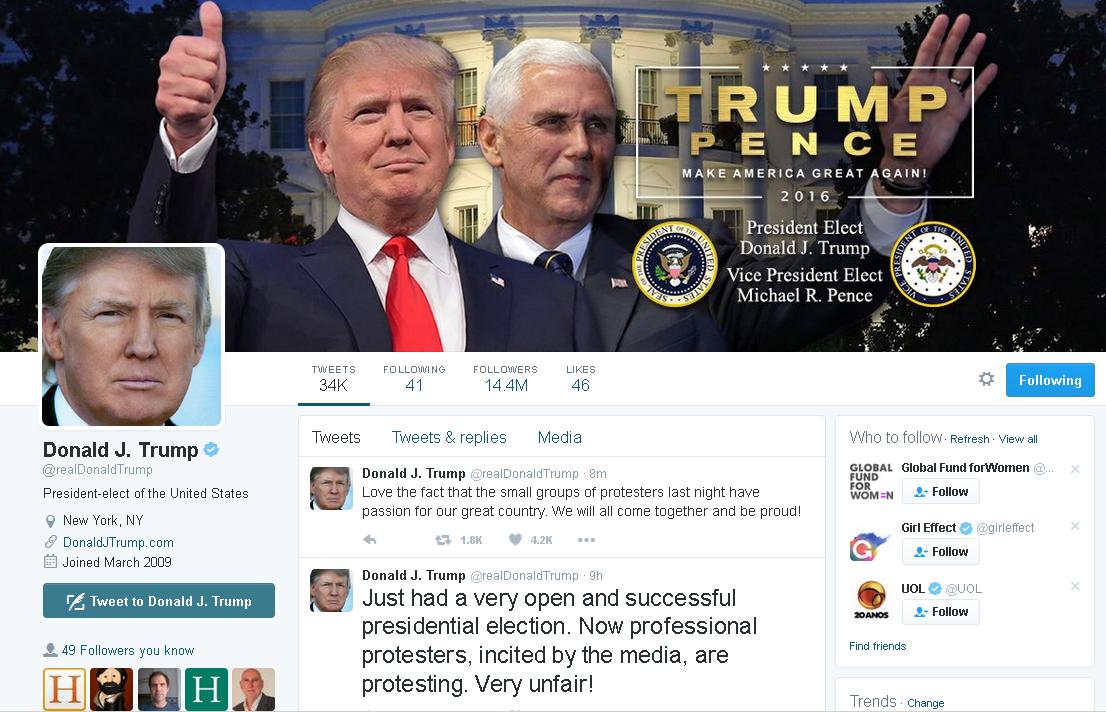 Trump condena os manifestantes "profissionais" e acusa os órgaãos de comunicação social de os estar a incitar ao protesto [Fotografia: Twitter]