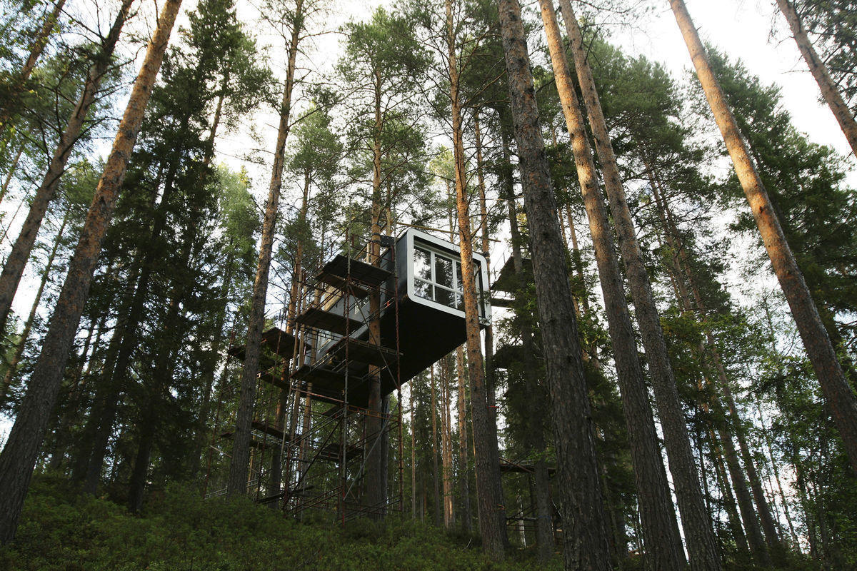 No Treehotel, os quartos são como cápsulas, corpos estranhos no meio de árvores, com 24 metros quadrados e suficientes para duas pessoas. Aqui tem-se uma visão diferente da vila de Harads, no nordeste da Suécia (REUTERS/Matt Cowan)