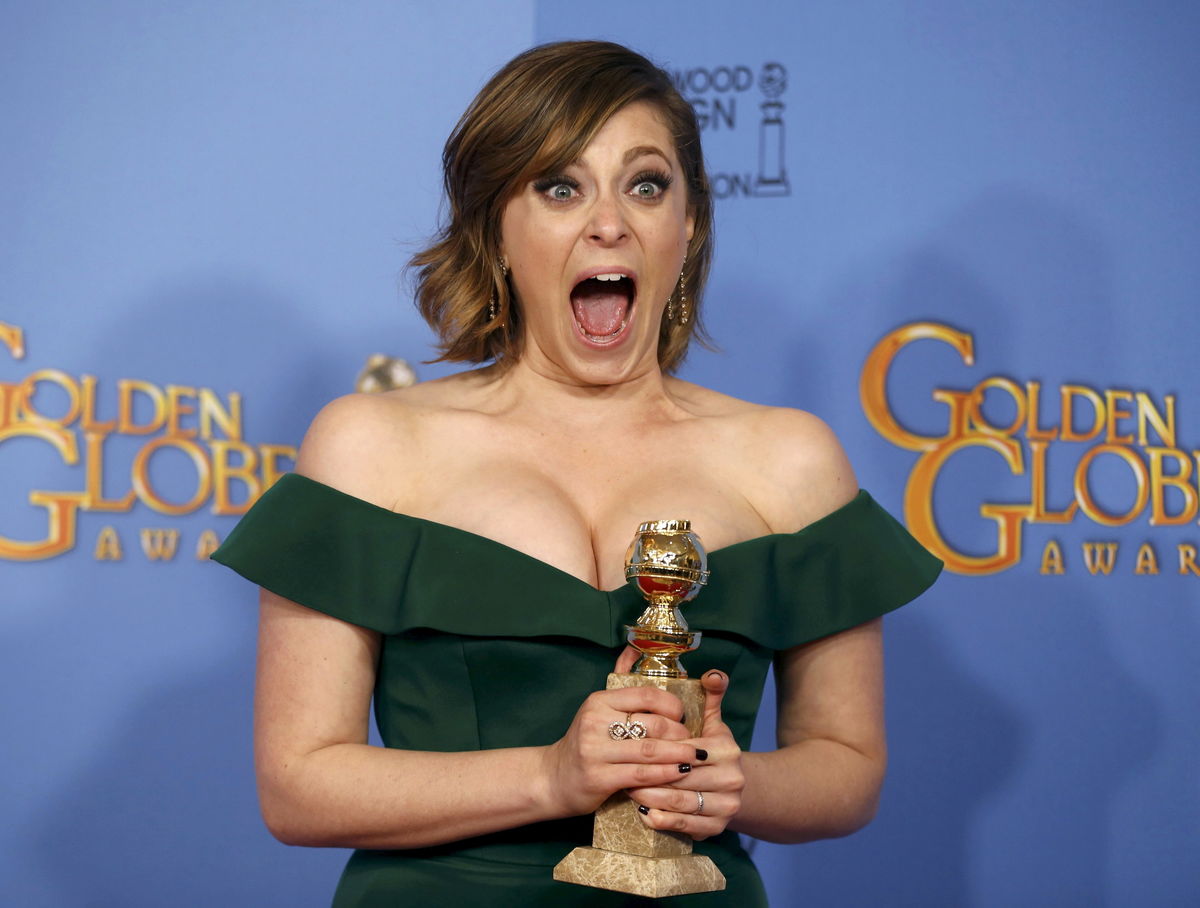 Rachel Bloom poses with her award for Best Performance by an Actress in a Television Series – Musical or Comedy for her role in “Crazy Ex-Girlfriend” backstage at the 73rd Golden Globe Awards in Beverly Hills