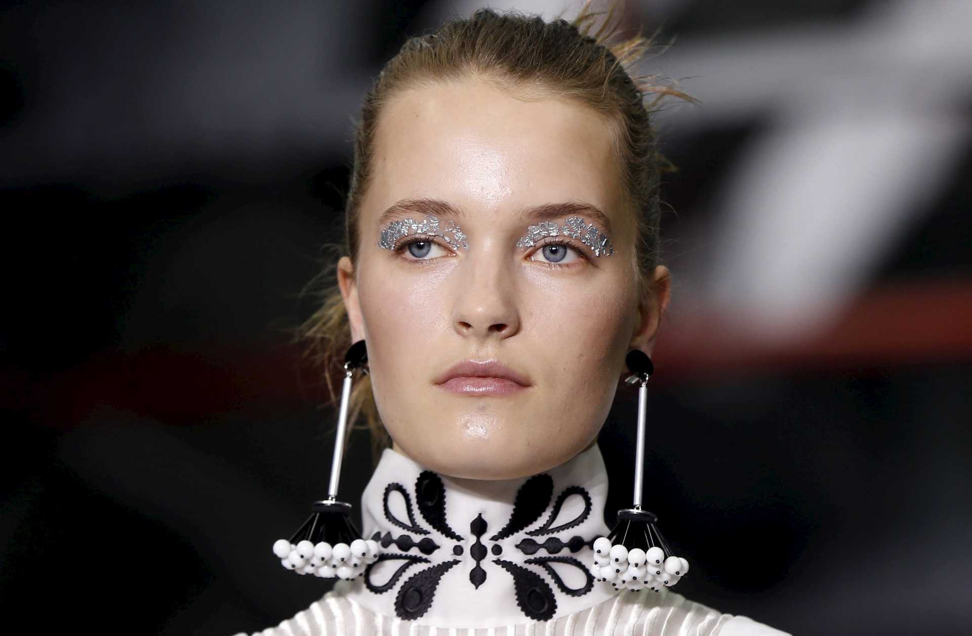 A model presents a creation at the Holly Fulton catwalk show at London Fashion Week Autumn/Winter 2016 in London, Britain