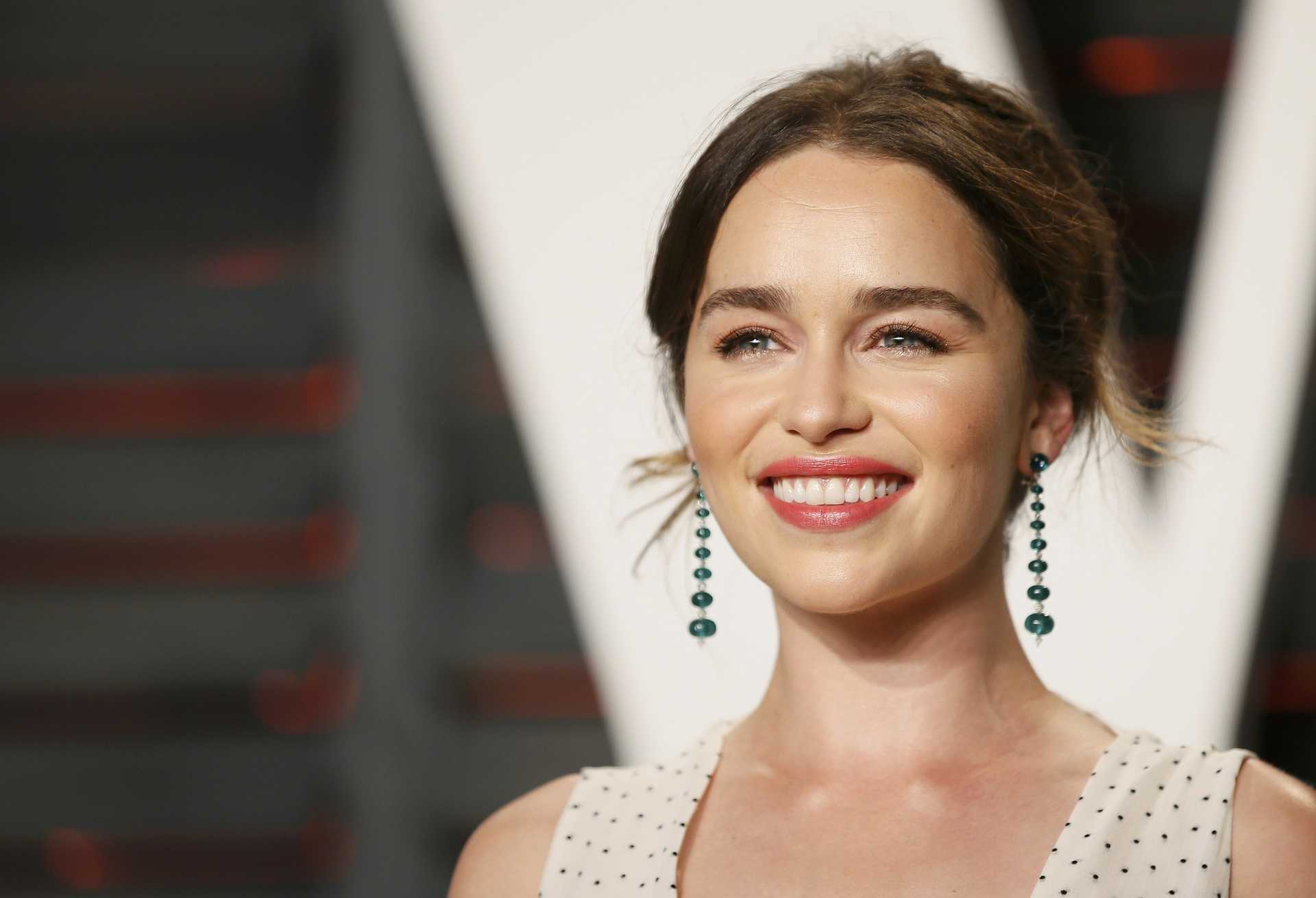 Actress Emilia Clarke arrives at the Vanity Fair Oscar Party in Beverly Hills