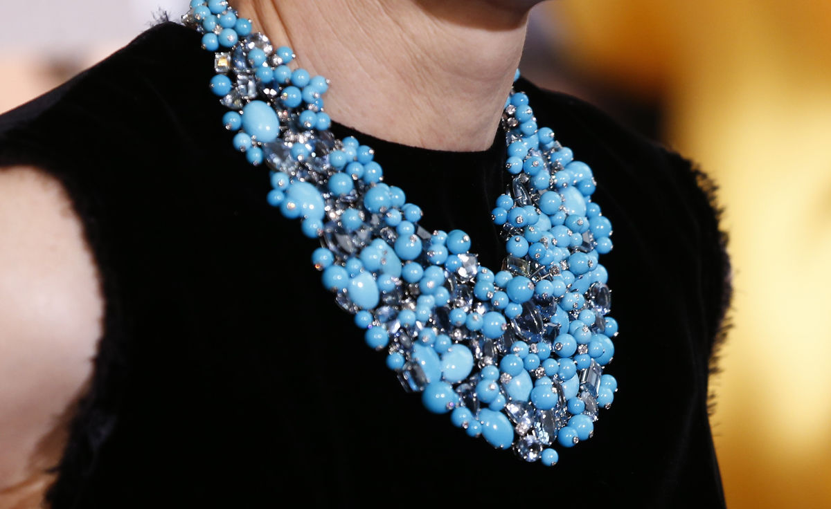 Presenter Cate Blanchett wears a Tiffany necklace as she arrives at the 87th Academy Awards in Hollywood