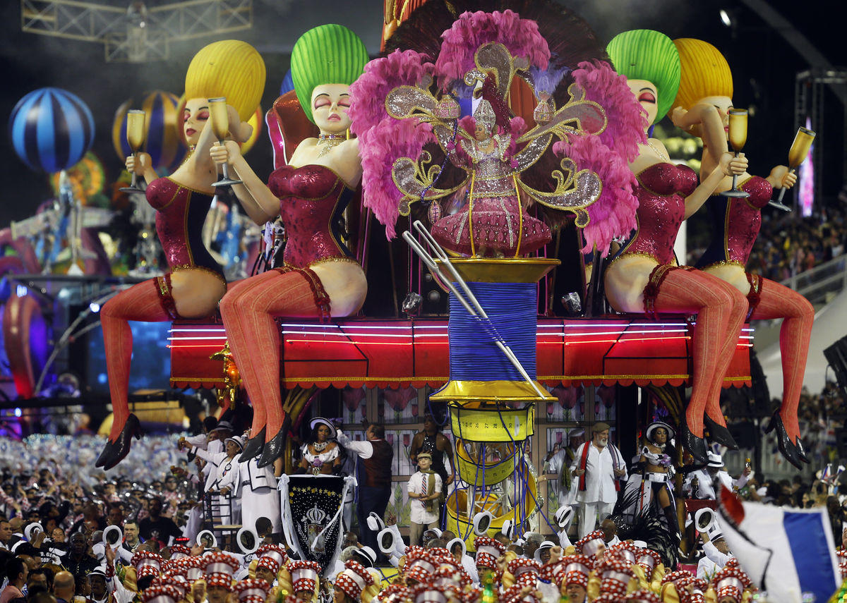 Revellers parade for the Vai-Vai samba school during the carnival in Sao Paulo