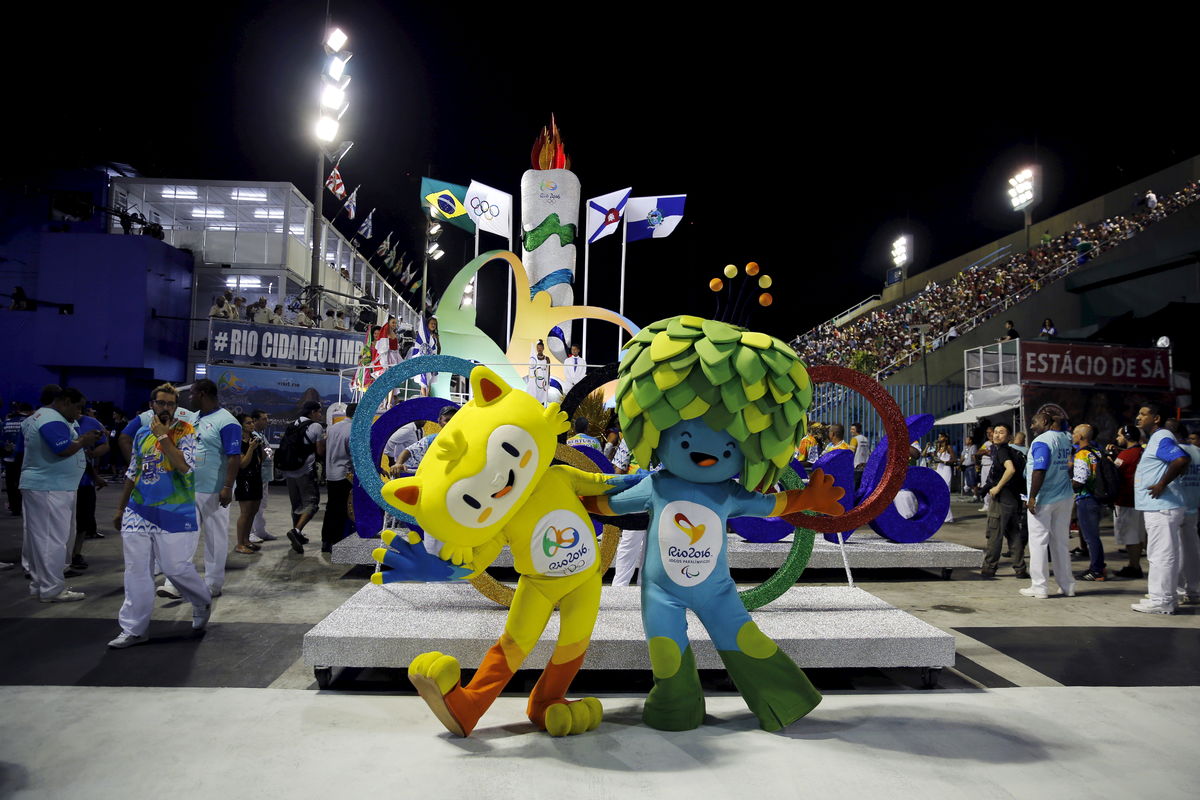 Olympic mascots are seen at the Sambadrome in Rio de Janeiro’s Sambadrome February 7, 2016.   REUTERS/Sergio Moraes