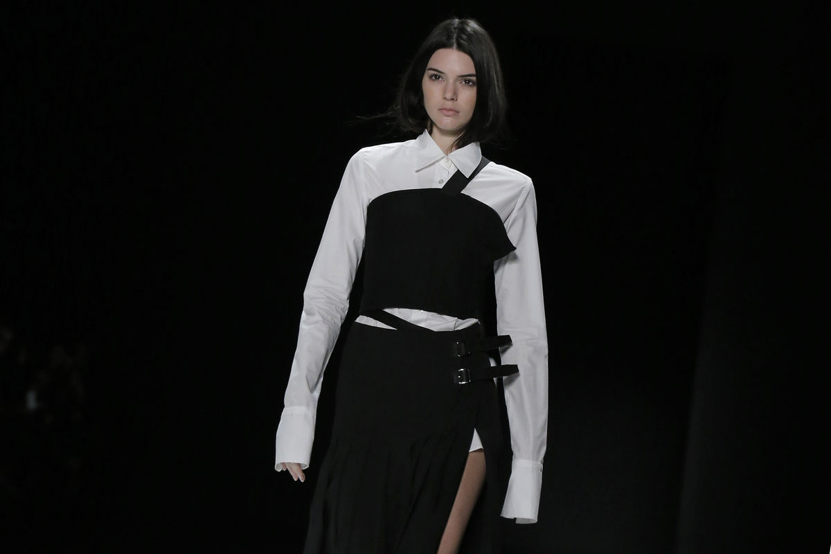 Model and television personality Kendall Jenner presents a creation during the Vera Wang Fall/Winter 2016 collection during New York Fashion Week in New York