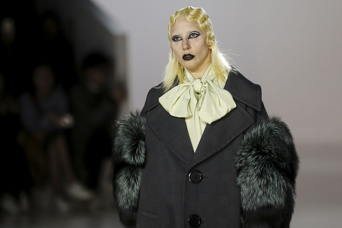 Singer Lady Gaga presents a creation by Marc Jacobs during his Fall/Winter 2016 collection during New York Fashion Week  in the Manhattan borough of New York