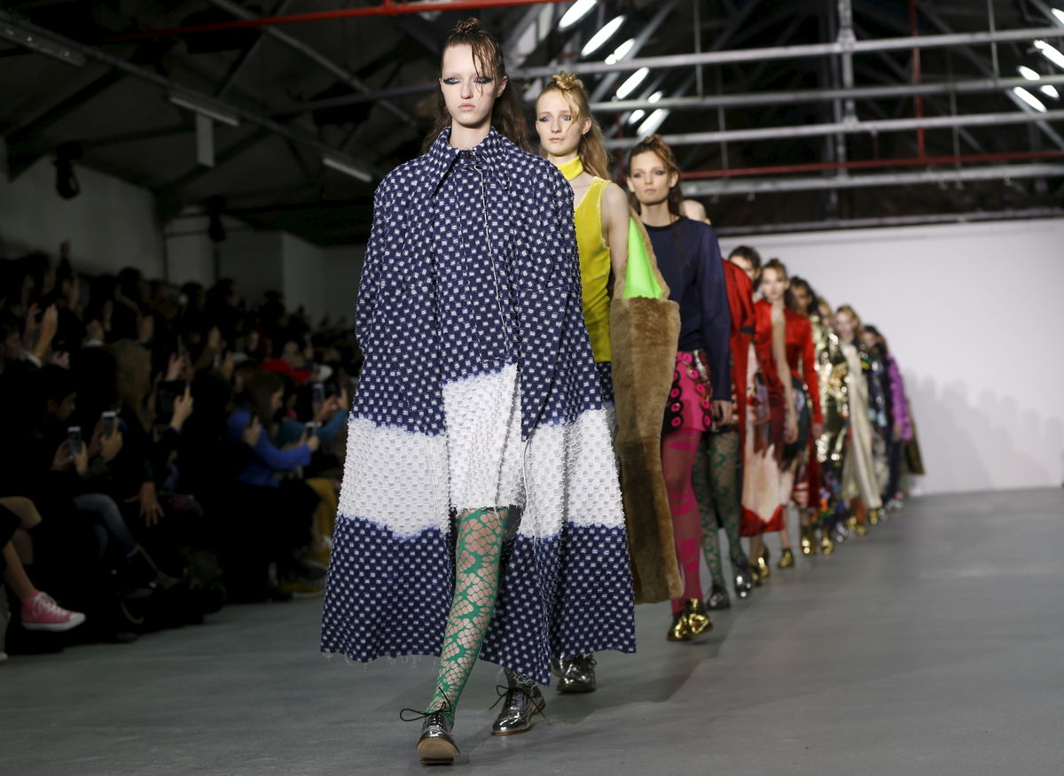 Models present creations from the Fyodor Golan catwalk show at London Fashion Week Autumn/Winter 16 in London, Britain