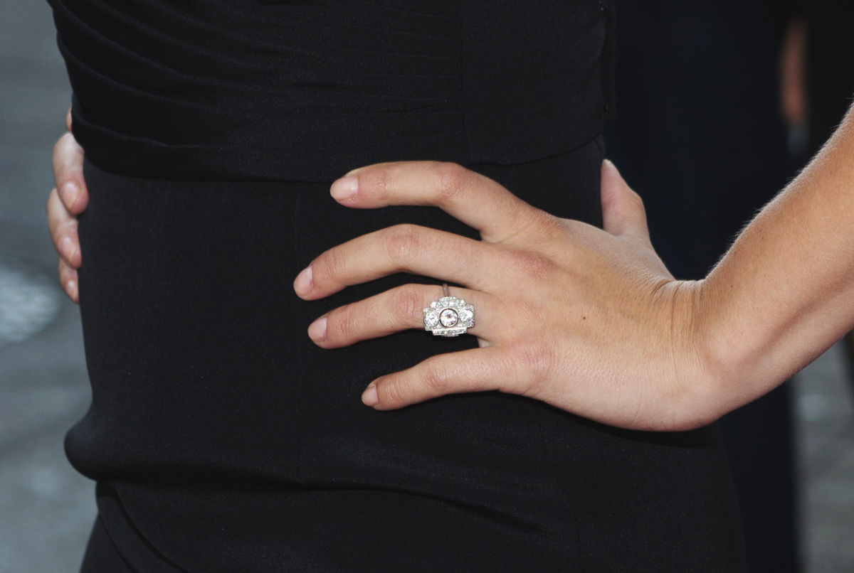Cast member Johansson’s ring is seen as she arrives for a screening of the film “Don Jon” at the 38th Toronto International Film Festival
