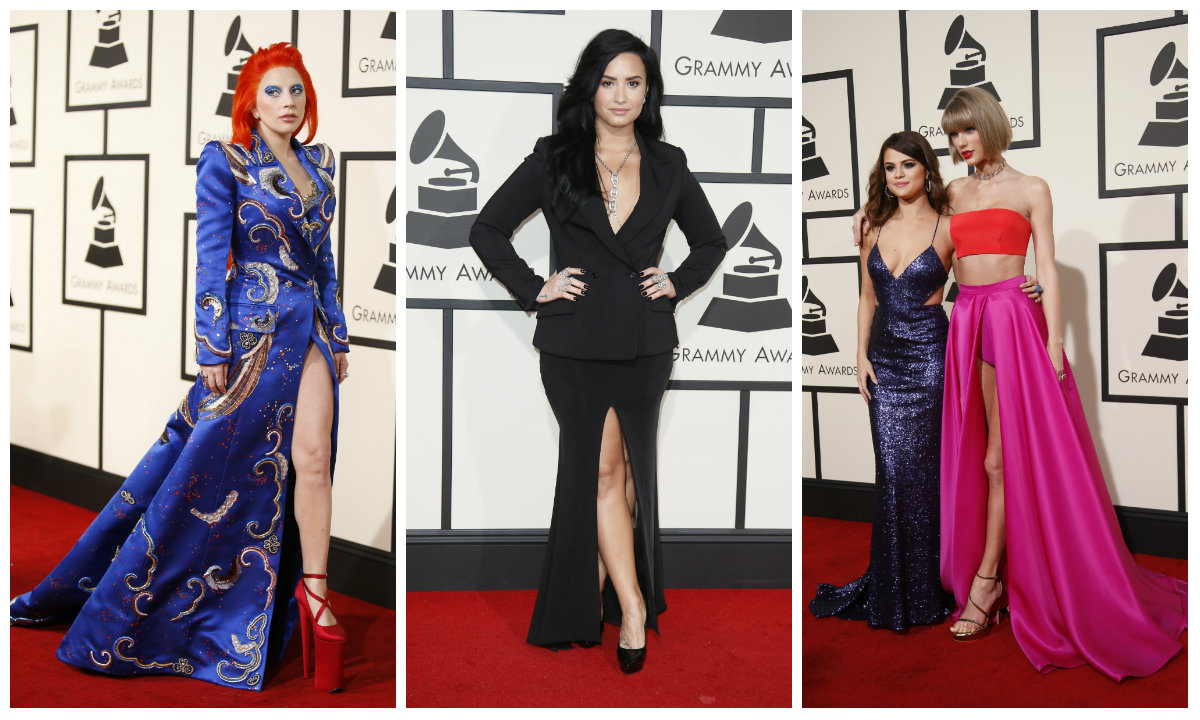 As cantoras Lady Gaga (esq.), Demi Lovato (centro) e Selena Gomez com Taylor Swift (REUTERS/Danny Moloshok)