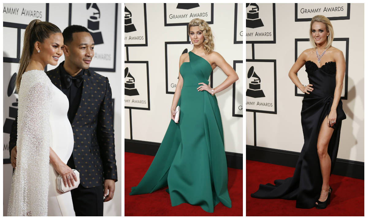 A modelo Chrissy Teigan com o músico John Legend (esq.), as cantoras Tori Kelly (centro) e Carrie Underwood (REUTERS/Danny Moloshok)