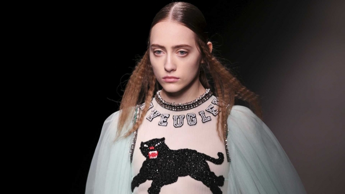 A model presents a creation from the Gucci Autumn/Winter 2016 woman collection during Milan Fashion Week