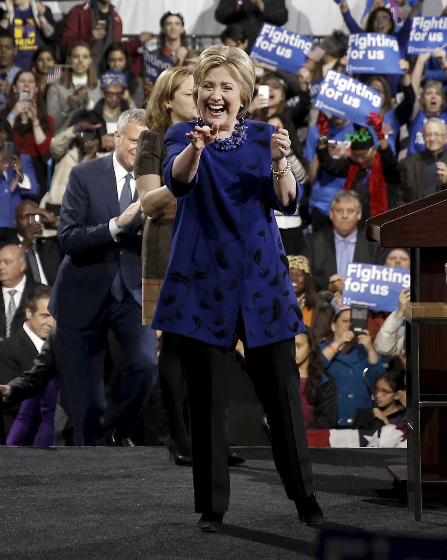 U.S. Democratic presidential candidate Hillary Clinton waves to supporters after speaking at a campaign event in the Manhattan borough of New York City