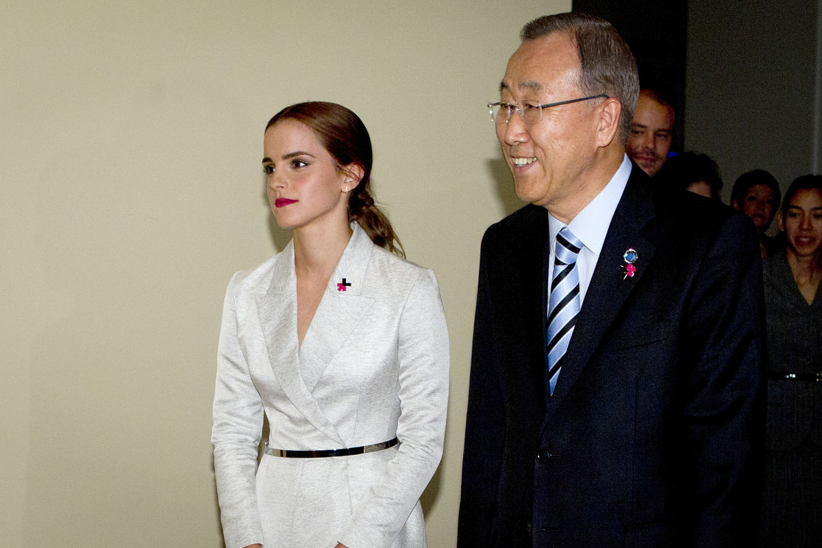 Actress Emma Watson and United Nations Secretary General Ban Ki-moon arrive for a photo opportunity promoting the HeForShe campaign in New York