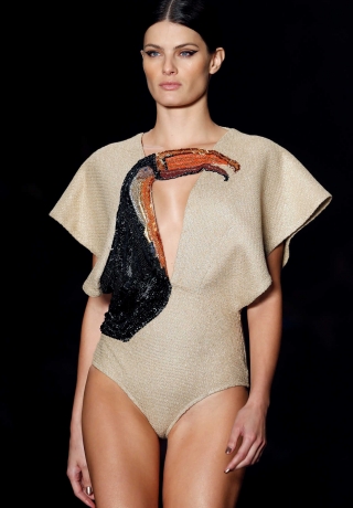 A model presents a creation from the Agua de Coco por Liana Thomaz collection during Sao Paulo Fashion Week in Sao Paulo