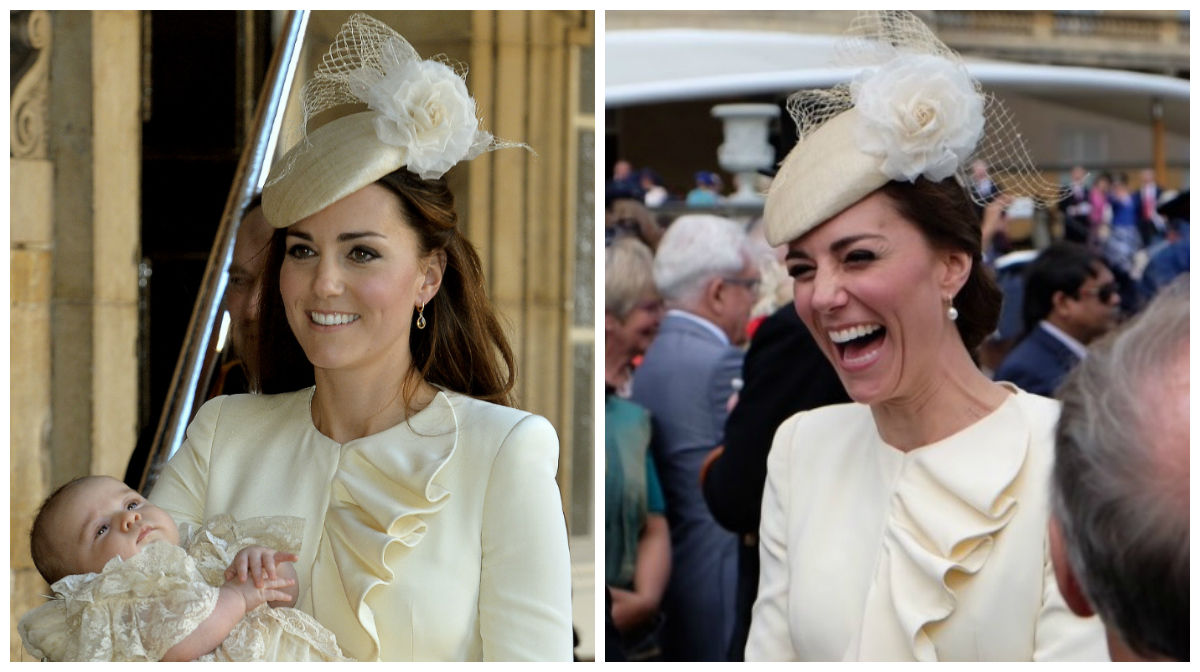 Kate Middleton no batizado do filho George (à esquerda), em 2013, e esta segunda-feira (à direita)