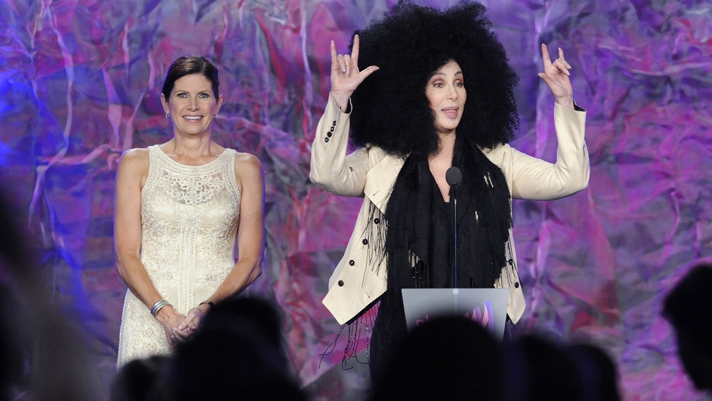 Mary Bono Mack and Cher present the Stephen F. Kolzak Award to Chaz Bono at the GLAAD Media Awards in Los Angeles