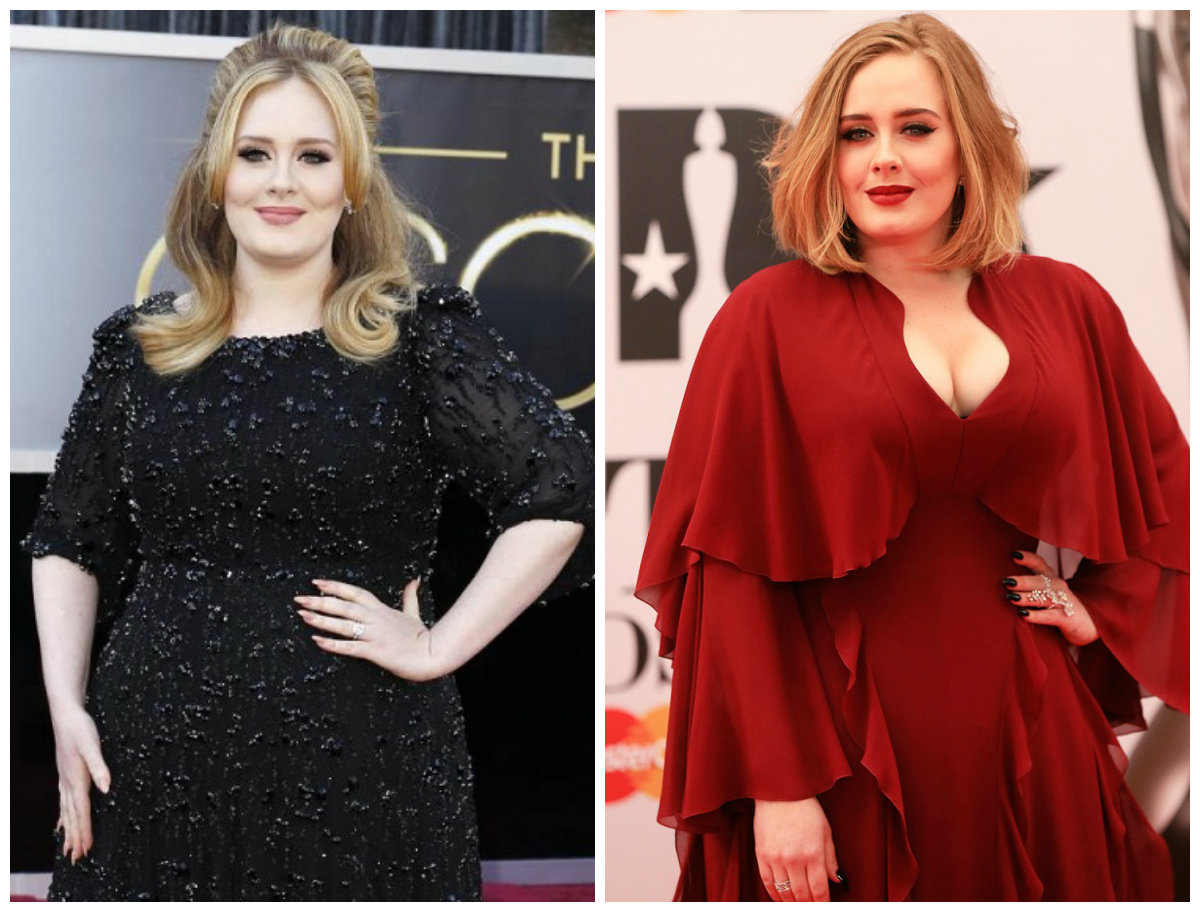 Adele em 2013 (à esq.) e em 2016 (à dir.)