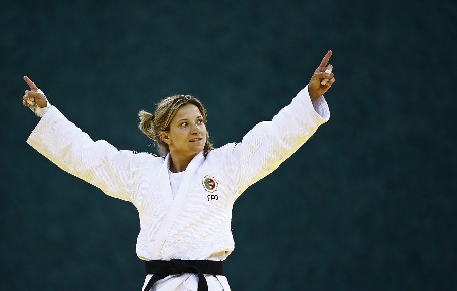 Monteiro of Portugal celebrates after winning her women's 57kg judo gold medal fight against Karakas of Hungary at the 1st European Games in Baku
