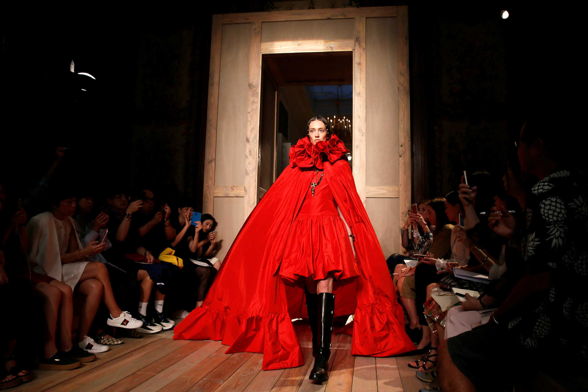 A model presents a creation by Italian designers Maria Grazia Chiuri and Pier Paolo Piccioli as part of their Haute Couture Fall/Winter 2016/2017 collection for fashion house Valentino in Paris
