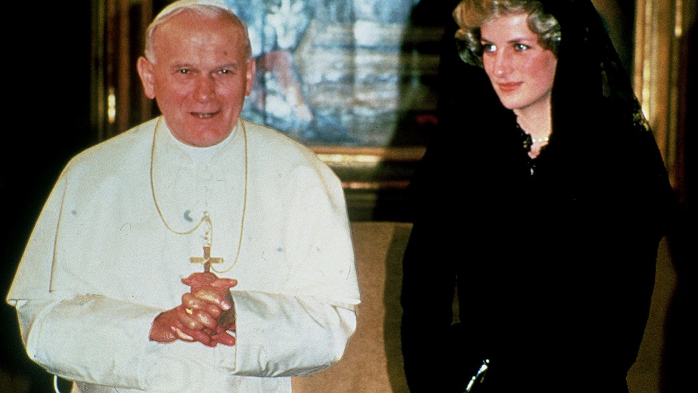 A file photograph shows Princess Diana with Pope John Paul II during a private audience at the Vatican.