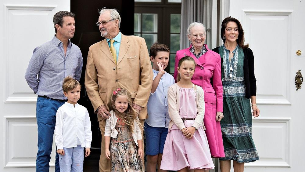 Crown Prince Frederik, Prince Vincent, Prince Henrik, Princess Josephine, Prince Christian, Princess Isabella, Queen Margrethe, and Crown Princess Mary pose in the annual photo session at Grasten Castle in Grasten