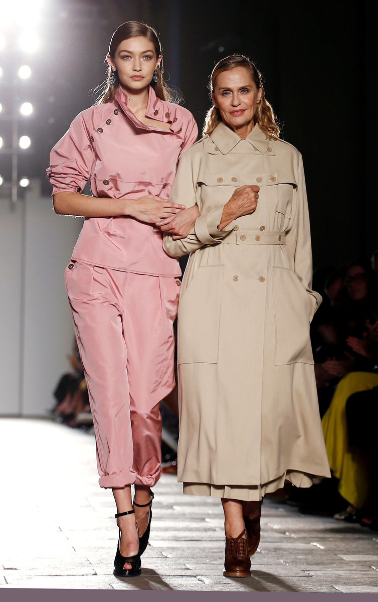 Models Hadid and Hutton present creations at the Bottega Veneta fashion show during Milan Fashion Week Spring/Summer 2017 in Milan