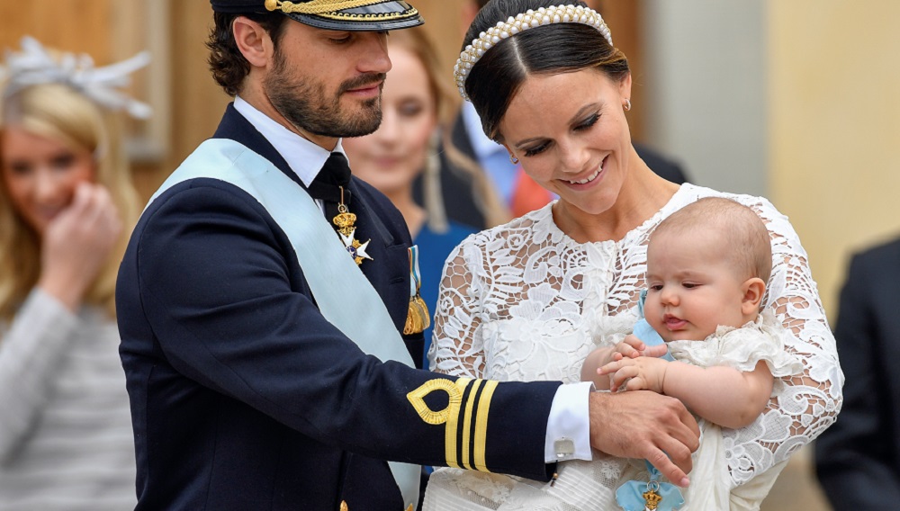 Prince Carl Philip and Princess Sofia with Prince Alexander after his christening at the Palace Chapel of the Drottningholm Palace, Stockholm