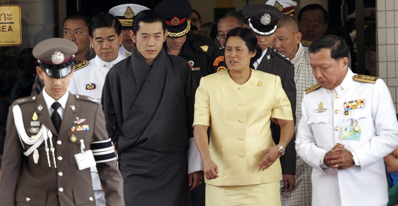 Thai Princess Sirindhorn escorts Crown Prince Jigme Khesar Namgyel Wangchuck of Bhutan in Bangkok