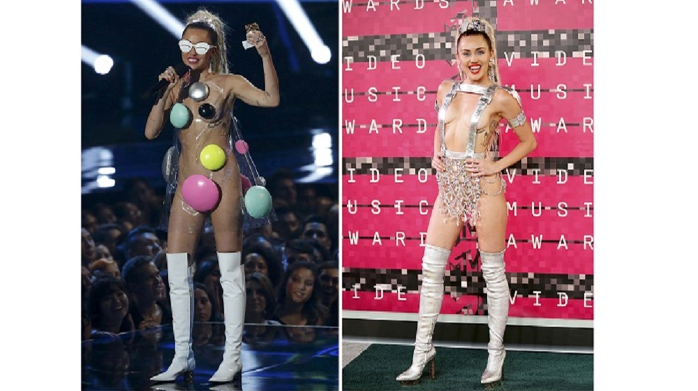 Combination picture shows a variety of outfits worn by show host Miley Cyrus at the 2015 MTV Video Music Awards in Los Angeles, California