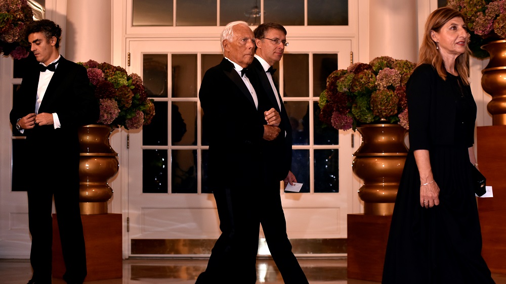 Giorgio Armani arrives for a State Dinner honoring Italian Prime Minister Matteo Renzi at the White House in Washington