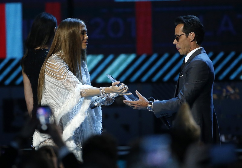 Lopez presents Anthony with an award honoring him as Latin Recording Academy person of the year at the 17th Annual Latin Grammy Awards in Las Vegas