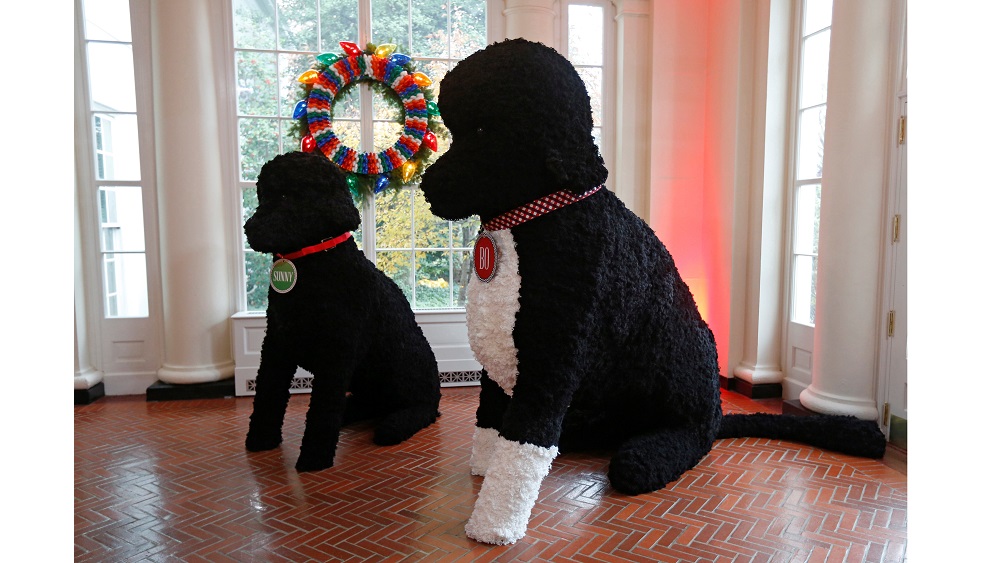 The Obama dogs Sonny and Bo replicas are seen during a holiday decor preview at the White House in Washington