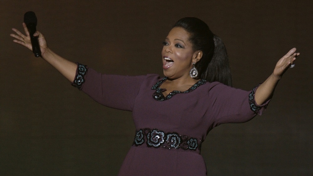 Oprah Winfrey gestures during the taping of “Oprah’s Surprise Spectacular” in Chicago