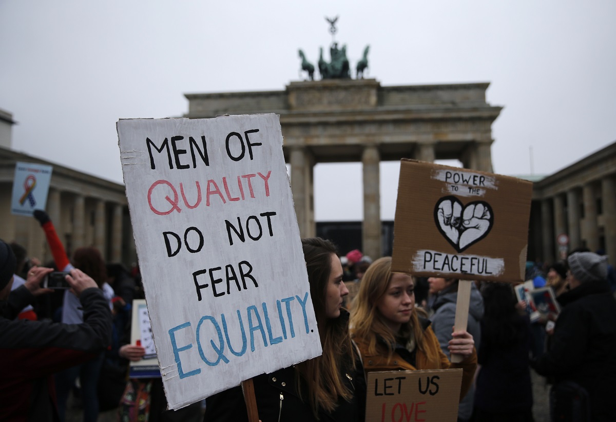 People gather in front of the U.S. Embassy on Pariser Platz in solidarity with women’s march in Washington and many other marches in several countries, in Berlin
