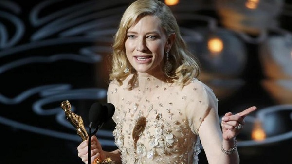 Blanchett speaks on stage after she won best actress for her work in ‘Blue Jasmine” at the 86th Academy Awards in Hollywood