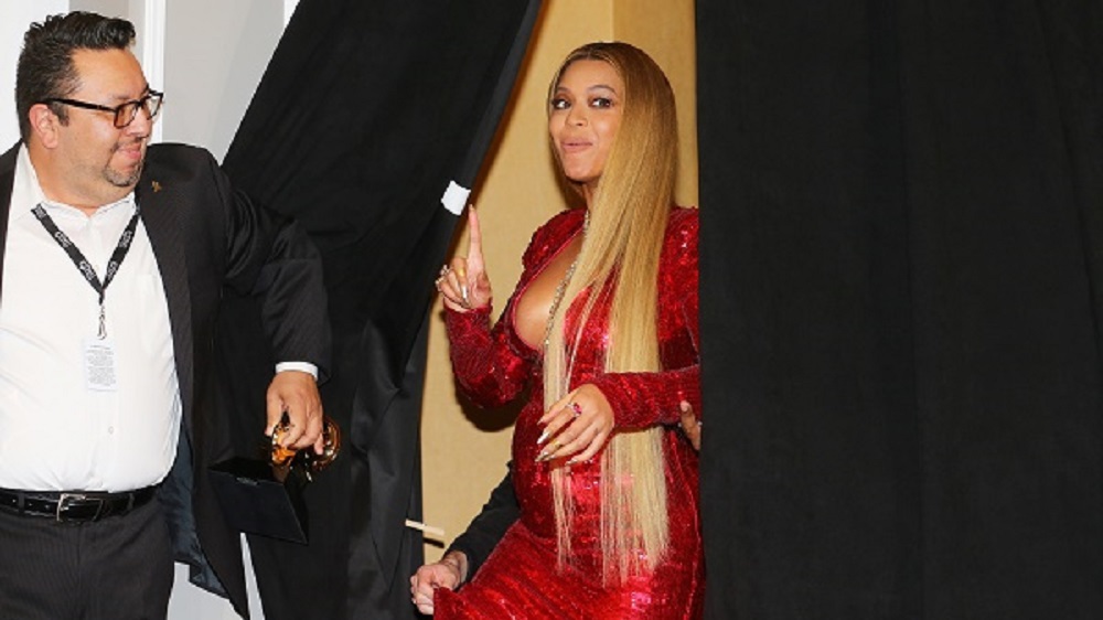 Beyonce arrives in the photo room at the 59th Annual Grammy Awards in Los Angeles