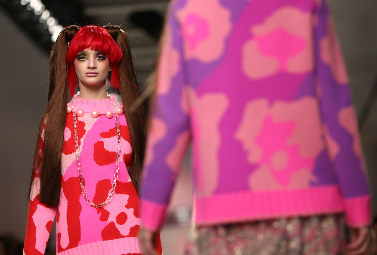 A model presents a creation at the Ryan Lo catwalk show during London Fashion Week in London