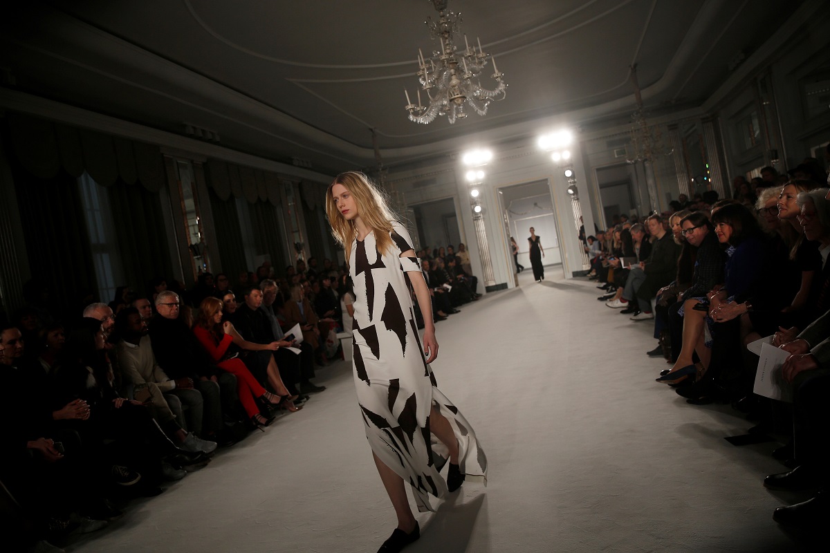 A model presents a creation at the Jasper Conran catwalk show during London Fashion Week in London