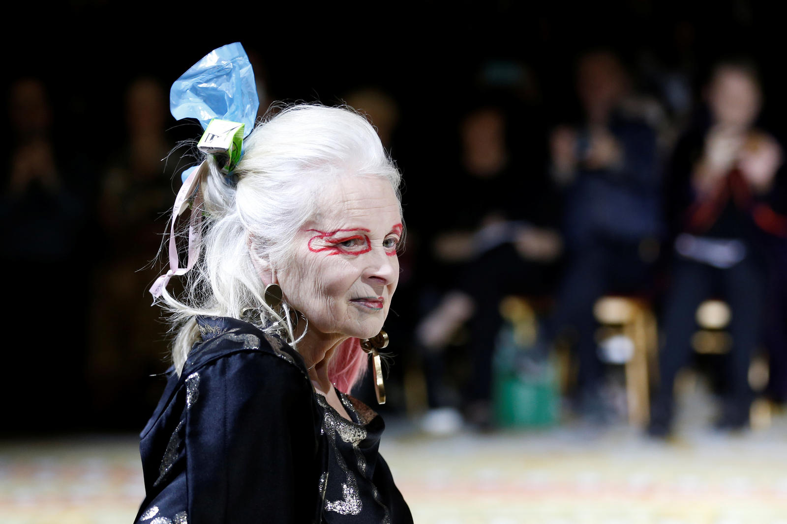 Designer Vivienne Westwood presents a creation by her husband Andreas Kronthaler as part of his Fall/Winter 2017-2018 women’s ready-to-wear collection show for Vivienne Westwood during Fashion Week in Paris