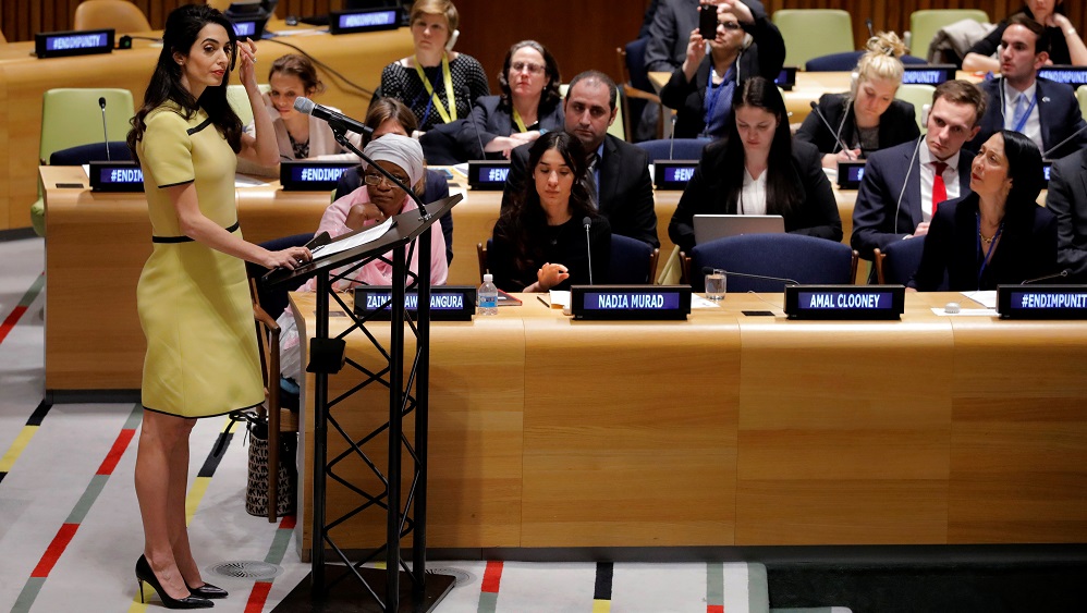 International human rights lawyer Amal Clooney addresses a Bringing Daesh to Justice event at United Nations headquarters in New York