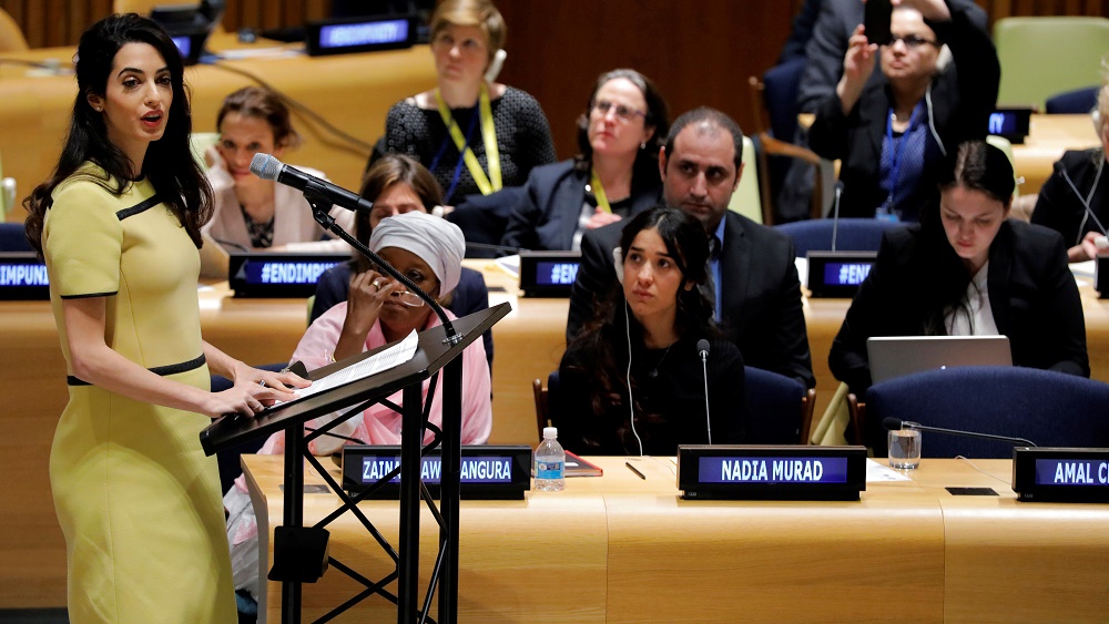 International human rights lawyer Amal Clooney addresses a Bringing Daesh to Justice event at United Nations headquarters in New York