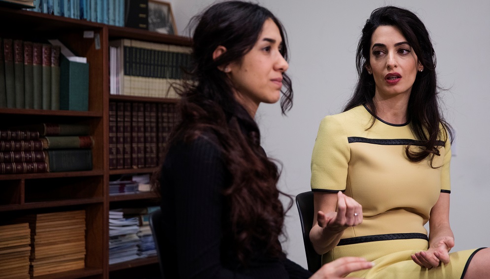 Yazidi survivor Nadia Murad takes part in an interview with international human rights lawyer Amal Clooney at United Nations headquarters in New York