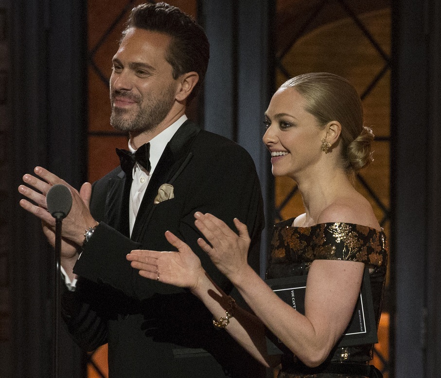 Actors Sadoski and Seyfried present an award during the American Theatre Wing's 69th Annual Tony Awards at the Radio City Music Hall in Manhattan