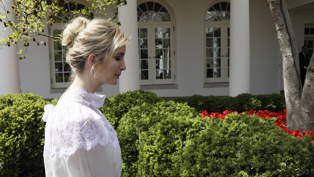 Ivanka Trump walks in the Rose Garden after President Trump and King Abdullah  joint news conference at the White House in Washington
