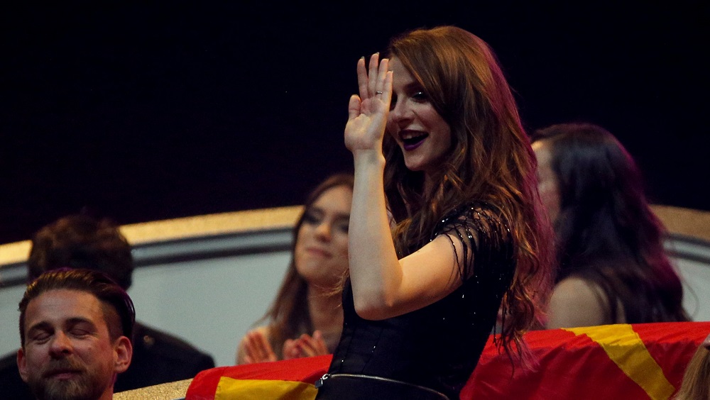 Macedonian singer Burceska shows her engagement ring after her boyfriend proposed during the Eurovision Song Contest 2017 Semi-Final 2 at the International Exhibition Centre in Kiev