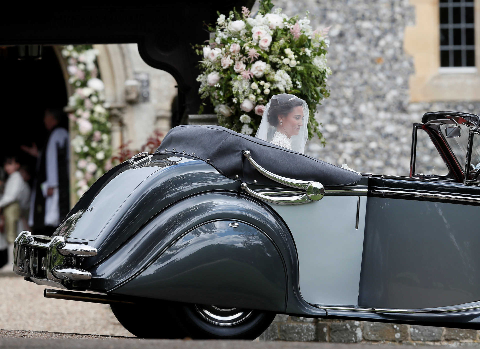 Pippa Middleton, the sister of Britain’s Catherine, Duchess of Cambridge, arrives for her wedding to James Matthews at St Mark’s Church in Englefield, west of London