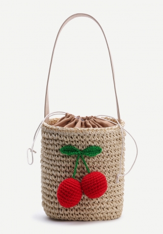 Beige Cherry Detail Straw Bucket Bag With Drawstring_shein_17,71