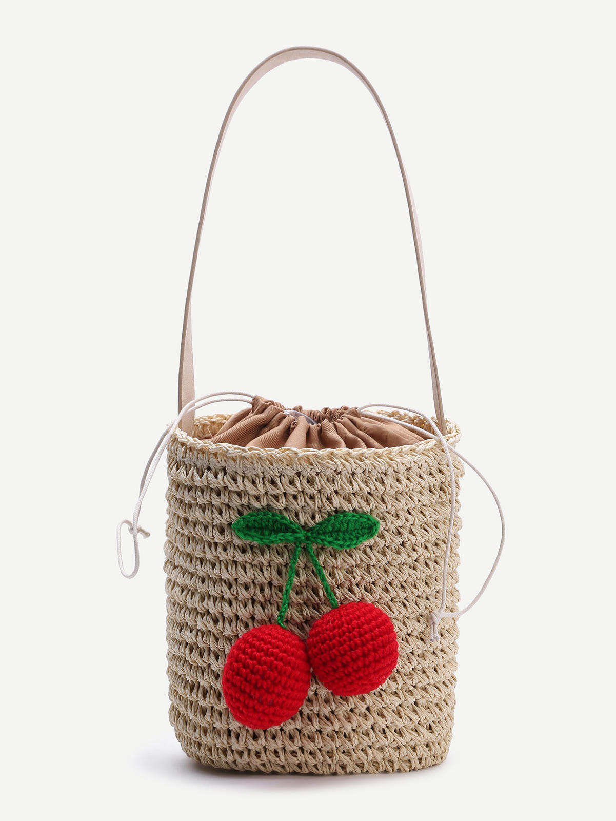 Beige Cherry Detail Straw Bucket Bag With Drawstring_shein_17,71