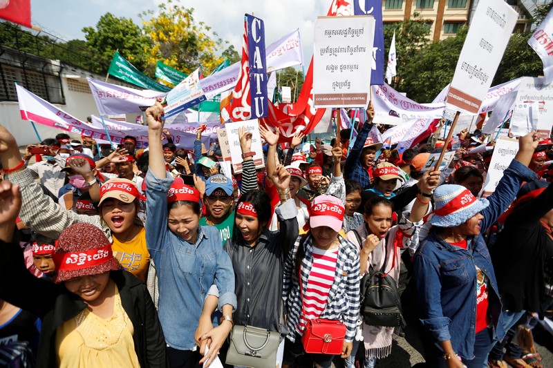 Garment workers take part in a May Day demonstration in Phnom Penh, Cambodia
